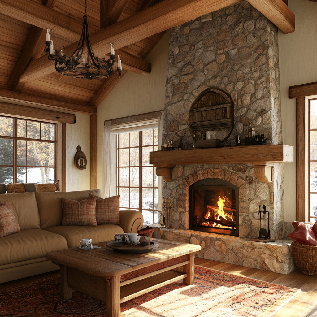 Cozy rustic living room with a grand stone fireplace, tan leather sofa, matching armchair, antique wooden coffee table, woven rug, natural wooden beams, bear skin rug, and vintage cabin decor.