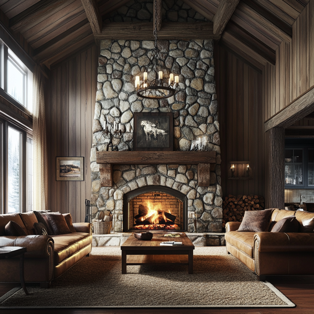 A cozy, rustic living room with a grand stone fireplace, tan leather sofa and armchair, antique wooden coffee table, natural and soft artificial lighting, wooden beams, bear skin rug, and traditional rustic decor.