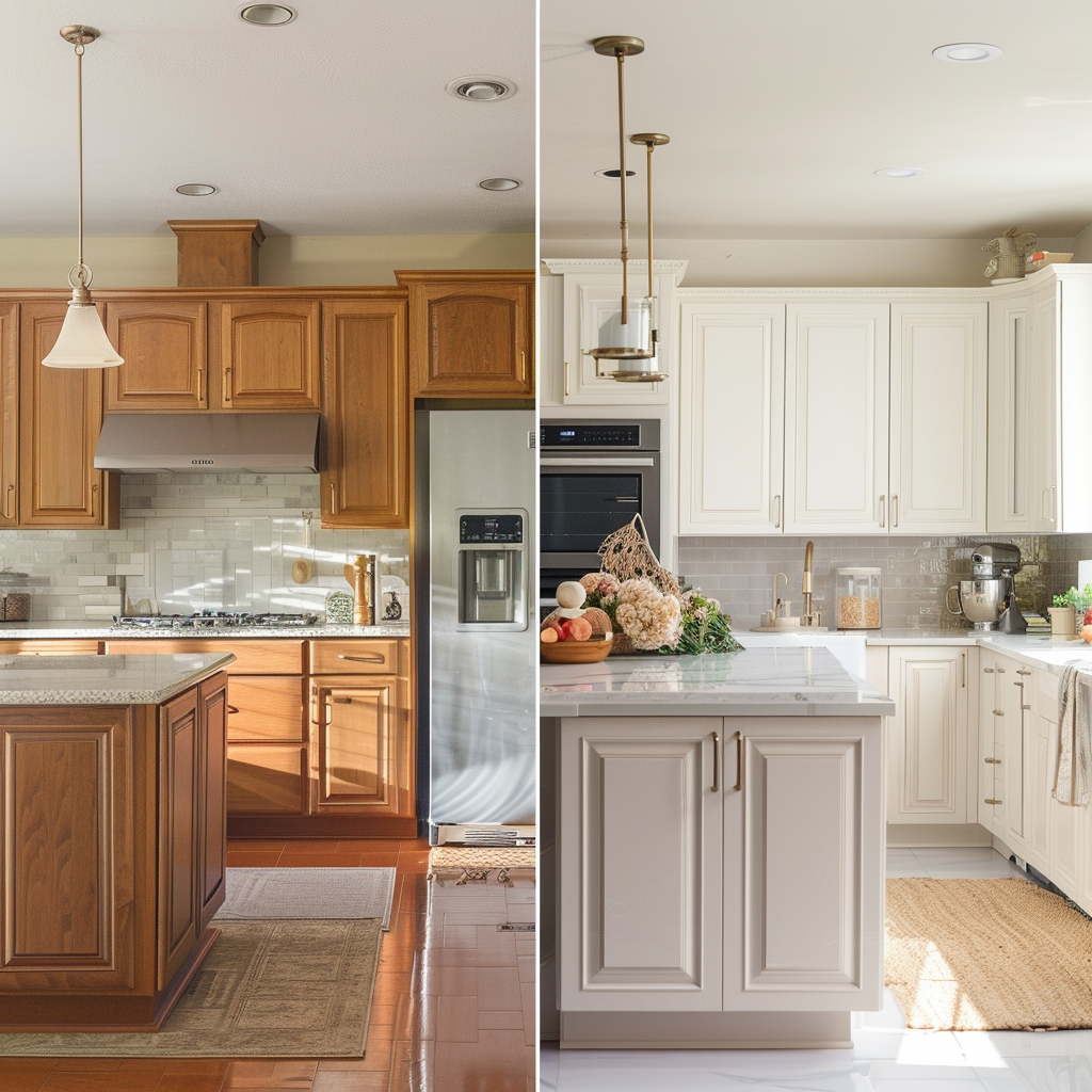 Before and after images of a kitchen upgrade. The left 'before' image shows a traditional kitchen with muted colors, dated fixtures, oak cabinets, and minimal lighting. The right 'after' image displays a modern kitchen with white cabinetry, under-cabinet lighting, a waterfall-edge quartz island, stainless steel appliances, and a dramatic hood range with brushed gold accents.