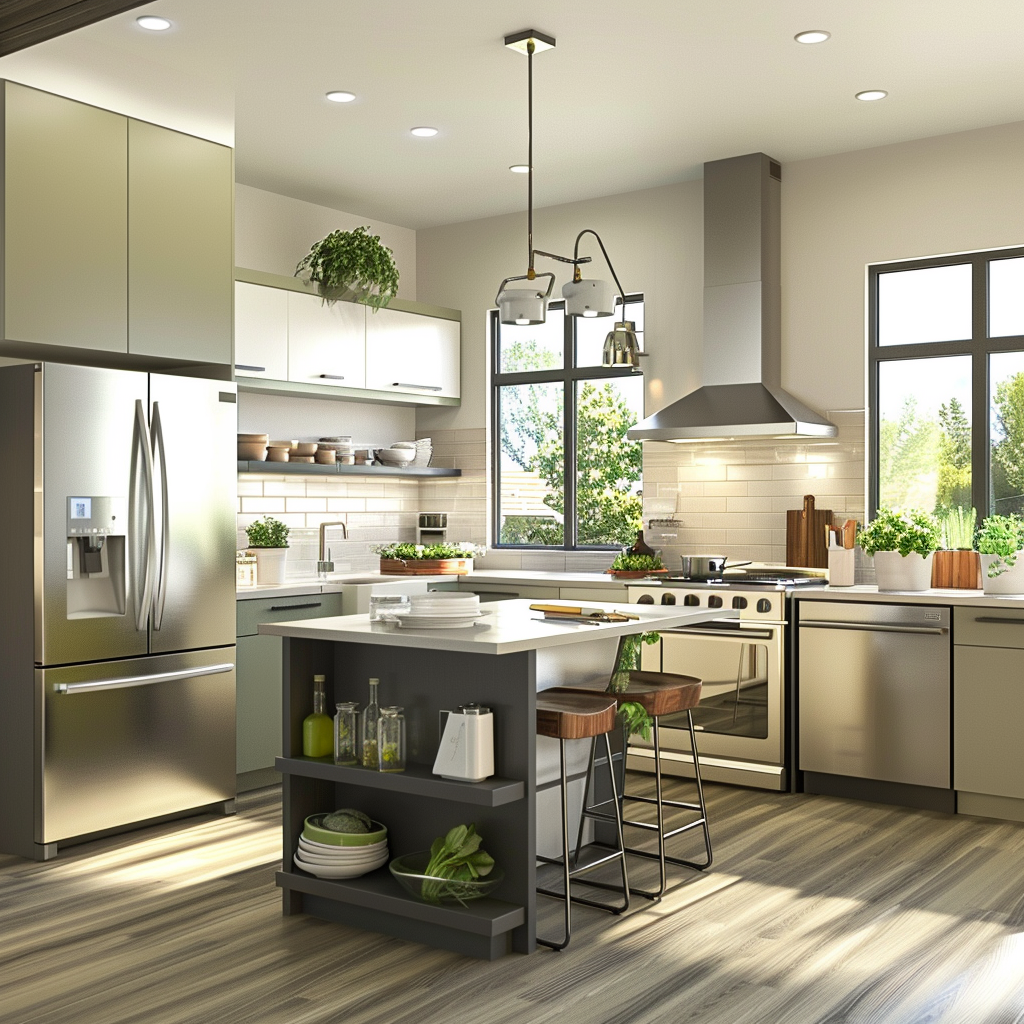 Modern eco-friendly kitchen with Energy Star appliances, sleek handle-less cabinetry, recycled glass countertop island, bamboo flooring, reclaimed wood shelving, and an in-kitchen herb garden, all bathed in abundant natural light.