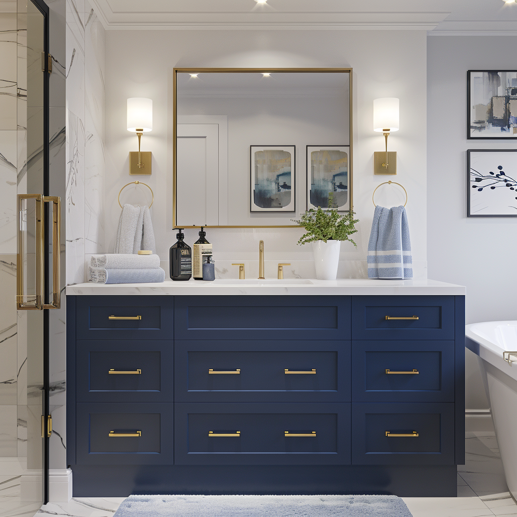 Photorealistic image of a modern minimalist bathroom featuring a floating vanity with engineered quartz, a freestanding acrylic bathtub, and accents of navy blue and brushed gold. The lighting is designed to emulate natural light with recessed LED downlights and a statement sconce.