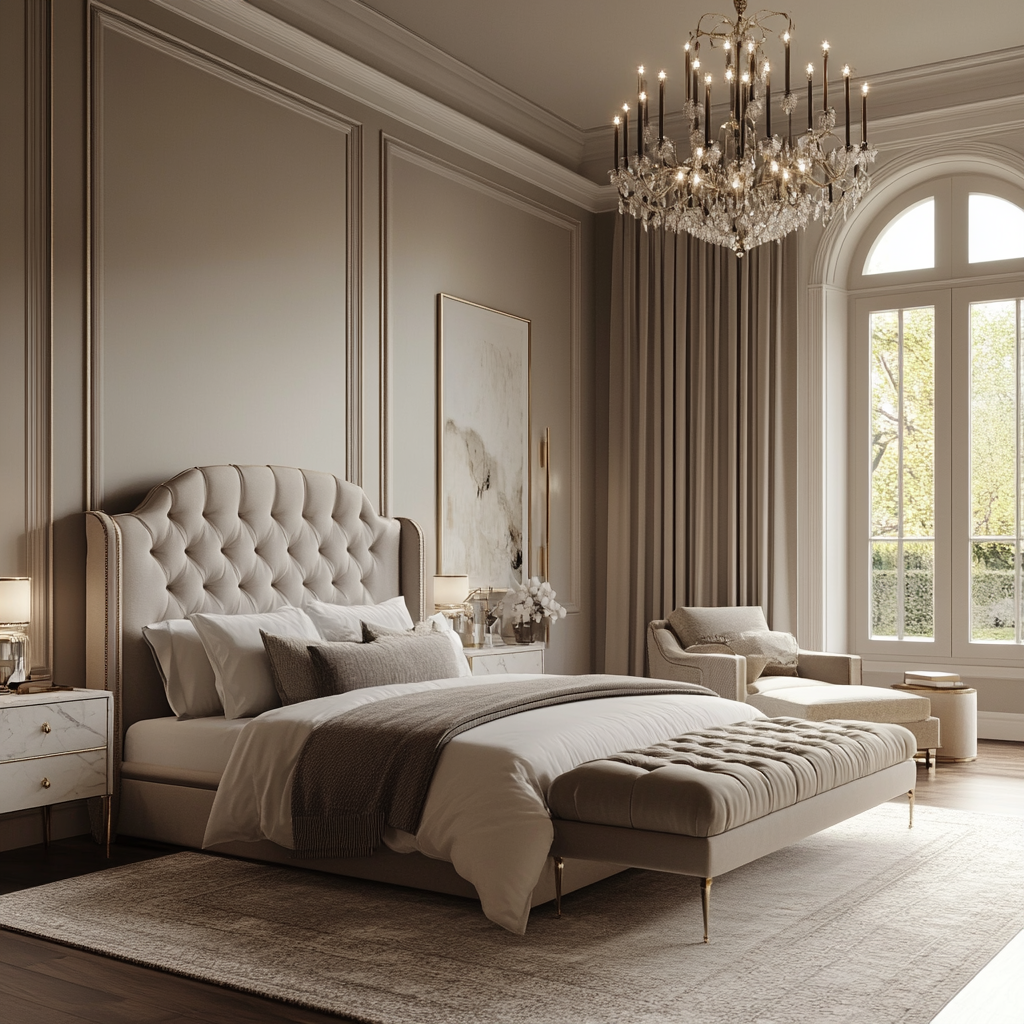 A spacious, elegantly designed couple's bedroom with a blend of modern and traditional elements, featuring a king-sized bed, marble-topped nightstands, a French-inspired dressing area, a reading nook with a chaise longue, and a delicate chandelier.