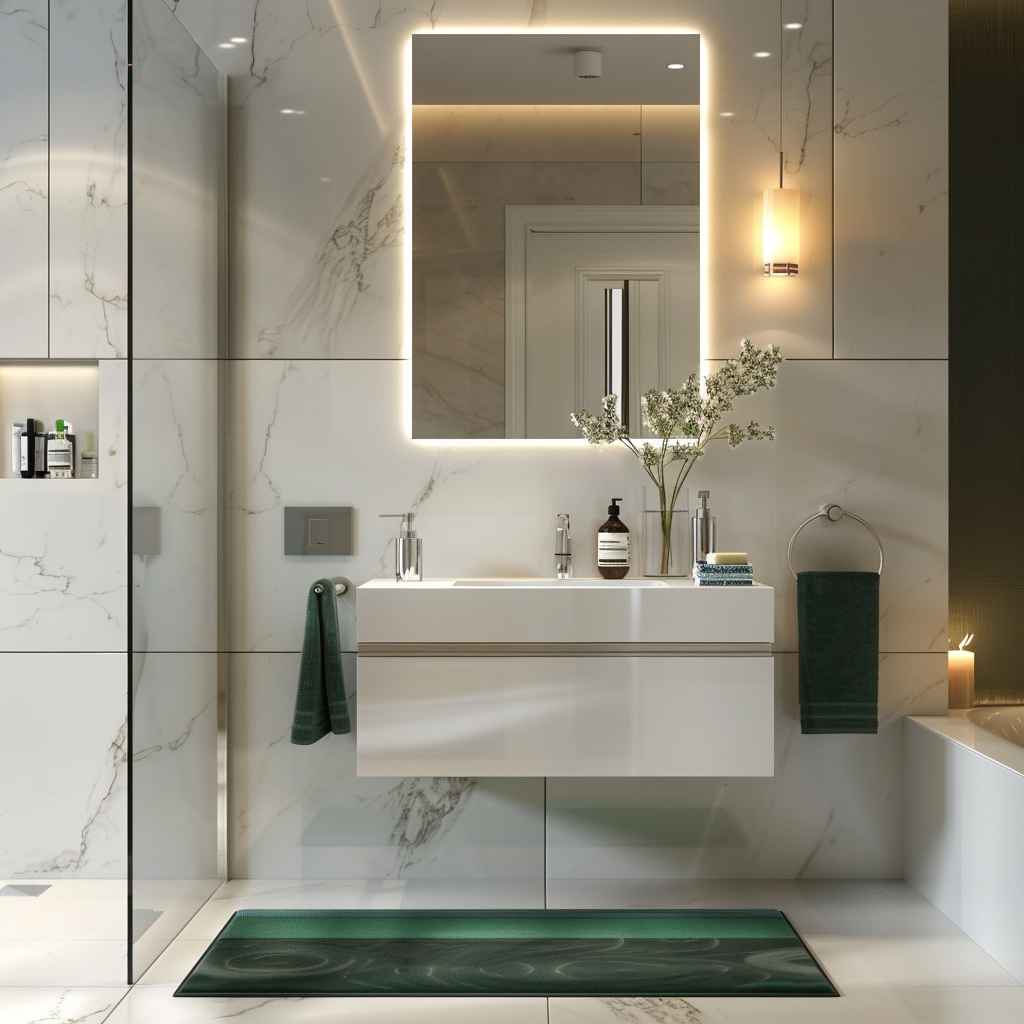 Elegant modern bathroom with minimalist design, featuring a white and gray color palette, wall-mounted vanity, frameless mirror, recessed LED lighting, and a walk-in shower with a rain showerhead. Accents of polished chrome and emerald green add a luxurious touch.