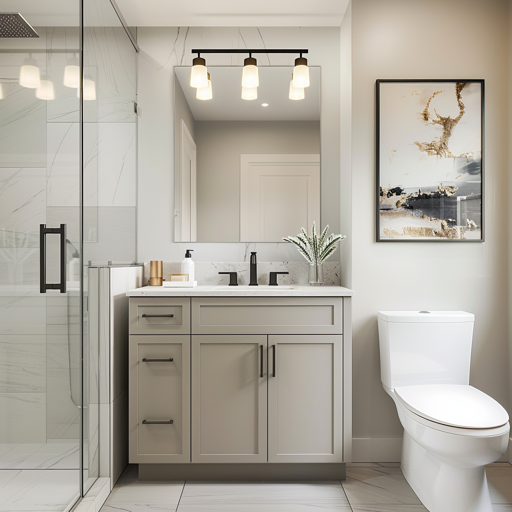 Photorealistic small bathroom interior featuring an elegant modern minimalist design with a floating vanity, integrated sink, frameless backlit mirror, recessed LED lights, pendant light, natural stone countertop, ceramic backsplash, wood-grain porcelain flooring, a tall glass-door cabinet, and modern artwork above the toilet.