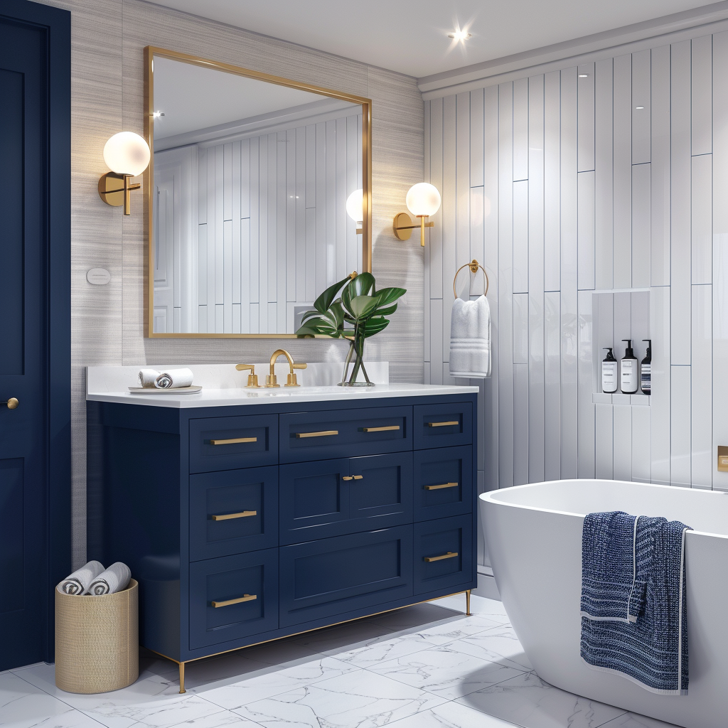 Elegant bathroom with white, navy blue, and brushed gold accents, floating vanity with quartz countertop, frameless mirror, and freestanding acrylic bathtub, showcasing modern sophistication and minimalism.