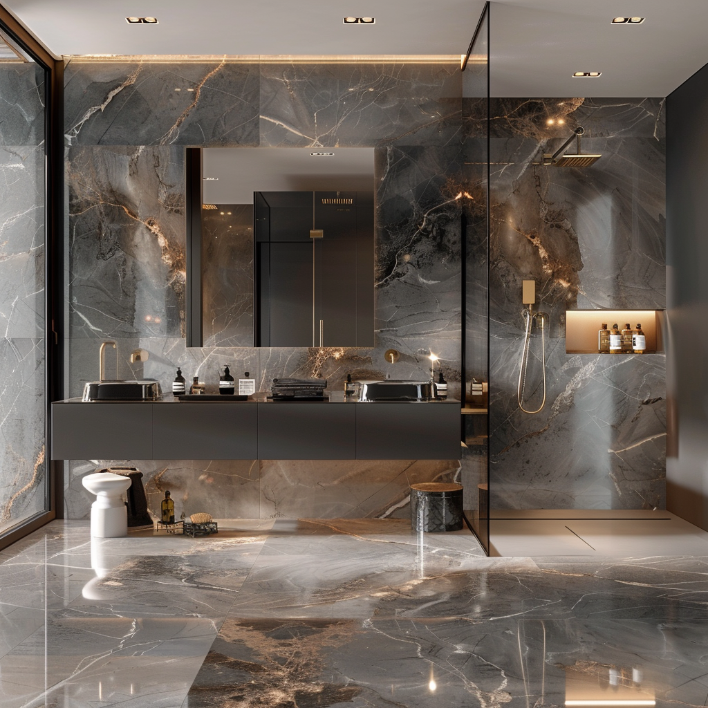 Elegant contemporary minimalist bathroom interior with a veined countertop, wall-mounted vanity, high-gloss cabinetry, frameless mirror, and walk-in shower, captured in photorealistic detail.