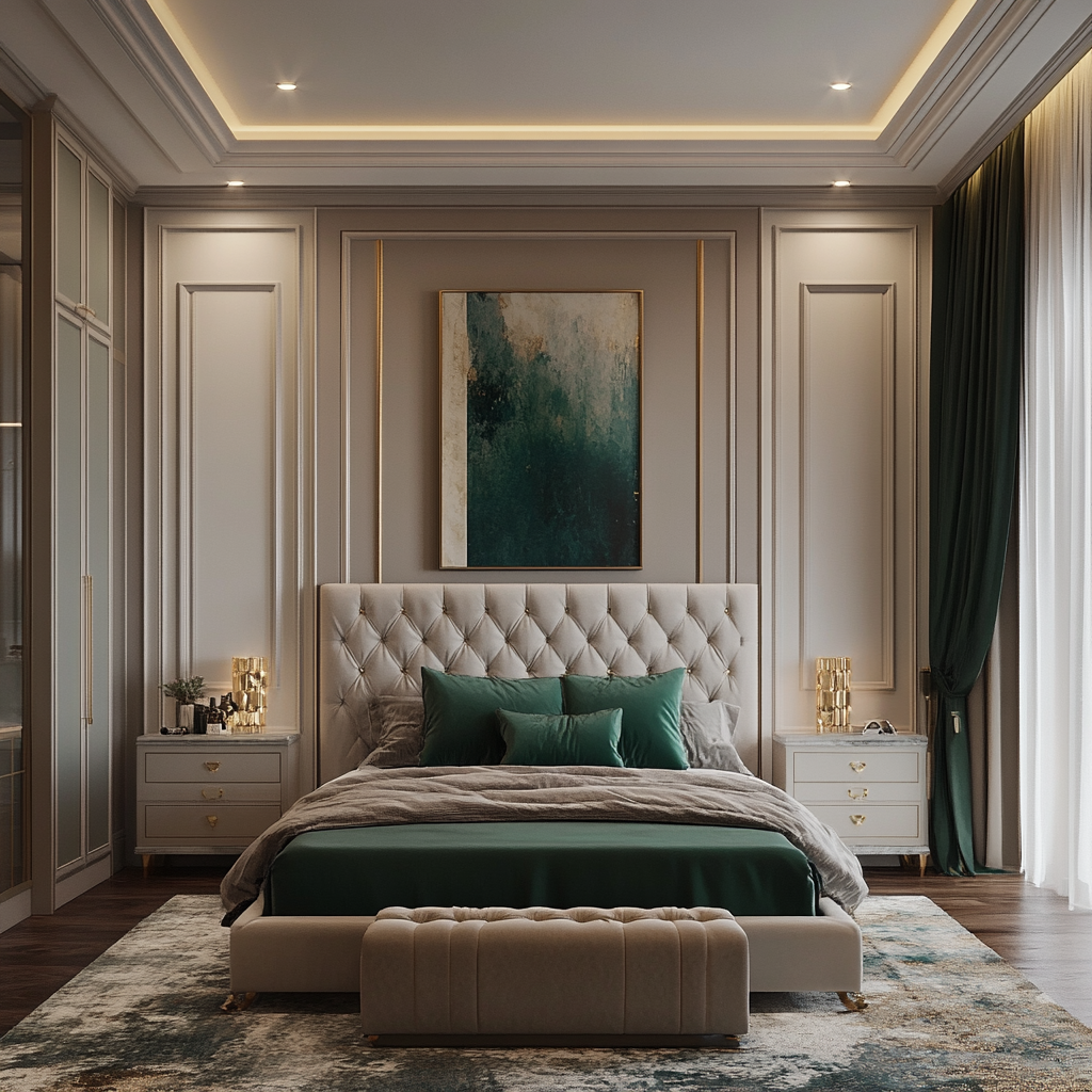 Spacious, elegant couple's bedroom combining classic and contemporary styles, featuring a king-sized bed, modern nightstands, a large wardrobe, and a dresser with a marble top, captured in high-resolution.