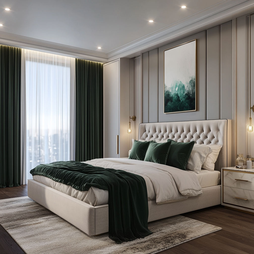 Photorealistic 8K image of a sophisticated couples' bedroom combining modern minimalism with traditional touches, featuring a king-sized bed with a tufted headboard, elegant wardrobe, marble-topped dresser, and luxurious textiles in soft neutrals and jewel tones.