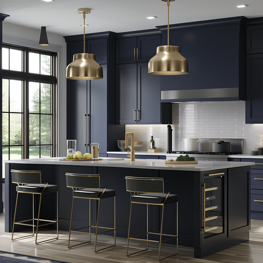 Close-up of elegant kitchen cabinet hardware in a modern kitchen with cool gray and crisp white colors, brushed gold and deep navy accents, minimalist island, sleek bar stools, and satin gold finished pulls and knobs.