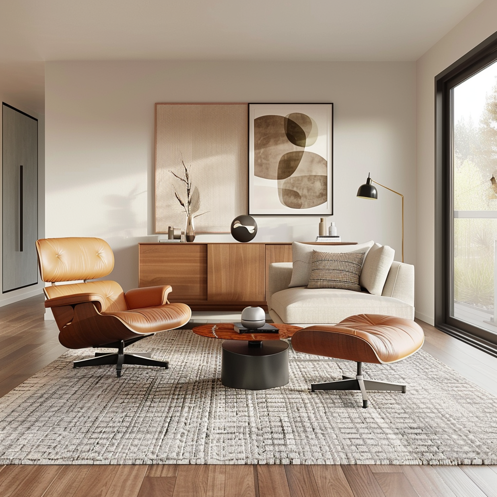 Mid-century modern living room with Eames lounge chair, low-profile tufted sofa, Noguchi coffee table, natural light from large windows, warm neutral tones with mustard yellow, teal, and burnt orange accents, gallery wall, and geometric room divider.