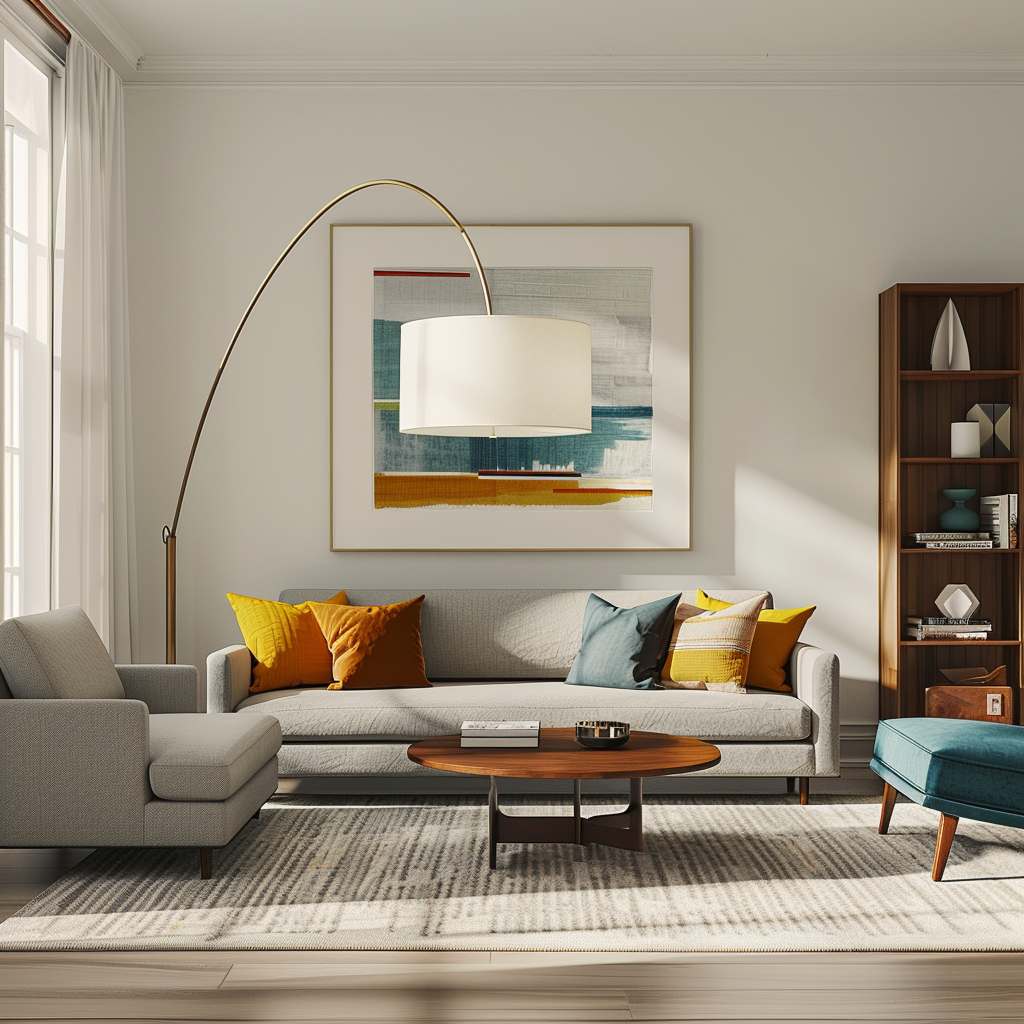 Spacious mid-century modern living room with charcoal gray sofa, teal armchairs, walnut coffee table, and a polished brass arc floor lamp. Large windows with sheer white curtains allow natural light to stream in, creating a bright, airy feel. The room features a light gray area rug, built-in walnut shelving, and abstract art on the walls.