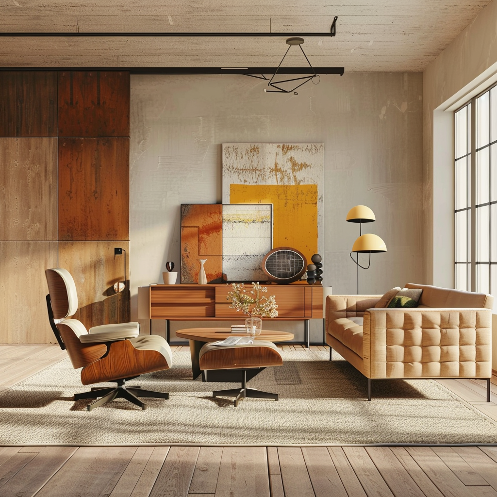 Photorealistic 8K image of a mid-century modern living room featuring an Eames lounge chair, low-profile tufted sofa, Noguchi coffee table, and sleek credenza. The room is illuminated by natural light from large windows and arc floor lamps, with a cohesive color palette of warm neutrals and accented by mustard yellow, teal, and burnt orange.