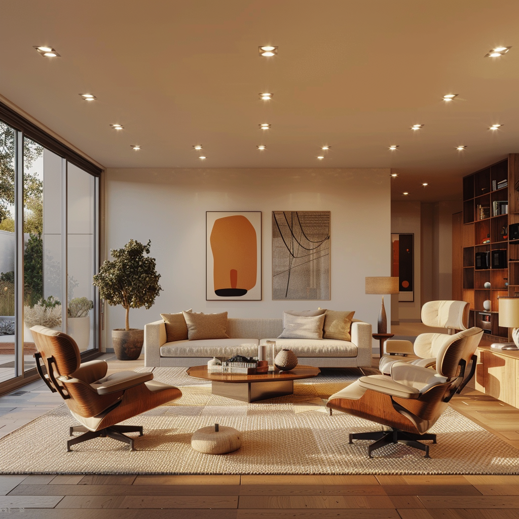 Mid-century modern living room with recessed lighting, featuring a neutral tufted sofa, Eames lounge chairs, a wooden coffee table, and a minimalist media unit, all bathed in natural light from floor-to-ceiling windows.