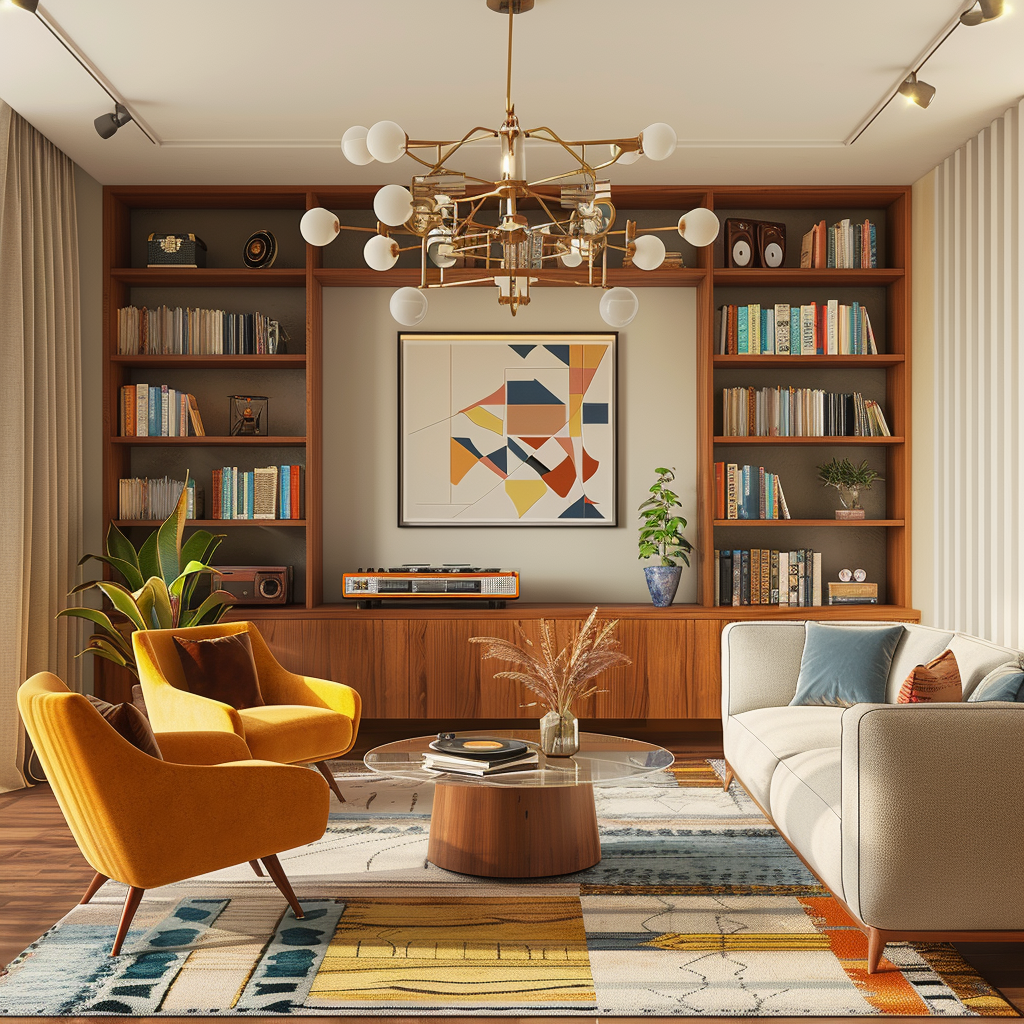 Sophisticated mid-century modern living room with retro and contemporary elements, featuring a mix of earthy tones, vibrant accents, velvet and polished wood materials, ample natural light, a Sputnik chandelier, and iconic mid-century furniture.