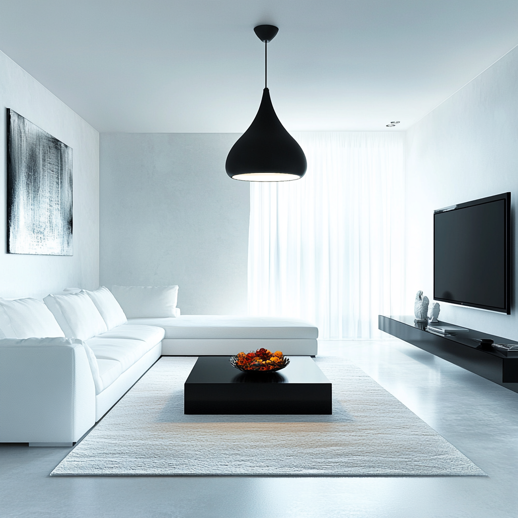 Photorealistic image of a modern minimalist living room with white and grey decor, modular sofa, black coffee table, floor-to-ceiling drapery, and sculptural pendant light.