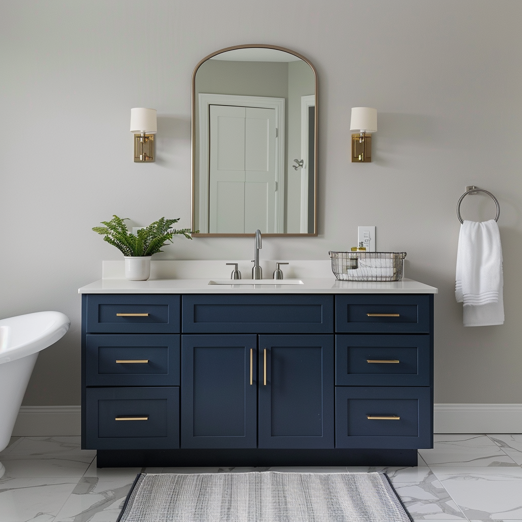 Photorealistic image of a modern bathroom featuring a floating vanity with quartz top, frameless mirror, freestanding acrylic bathtub, and accents of navy blue and brushed gold. Soft natural lighting, recessed LED downlights, and a sconce beside the mirror illuminate the space. The bathroom showcases smooth glass and polished metal surfaces, plush cotton towels, and matte porcelain tile floor.