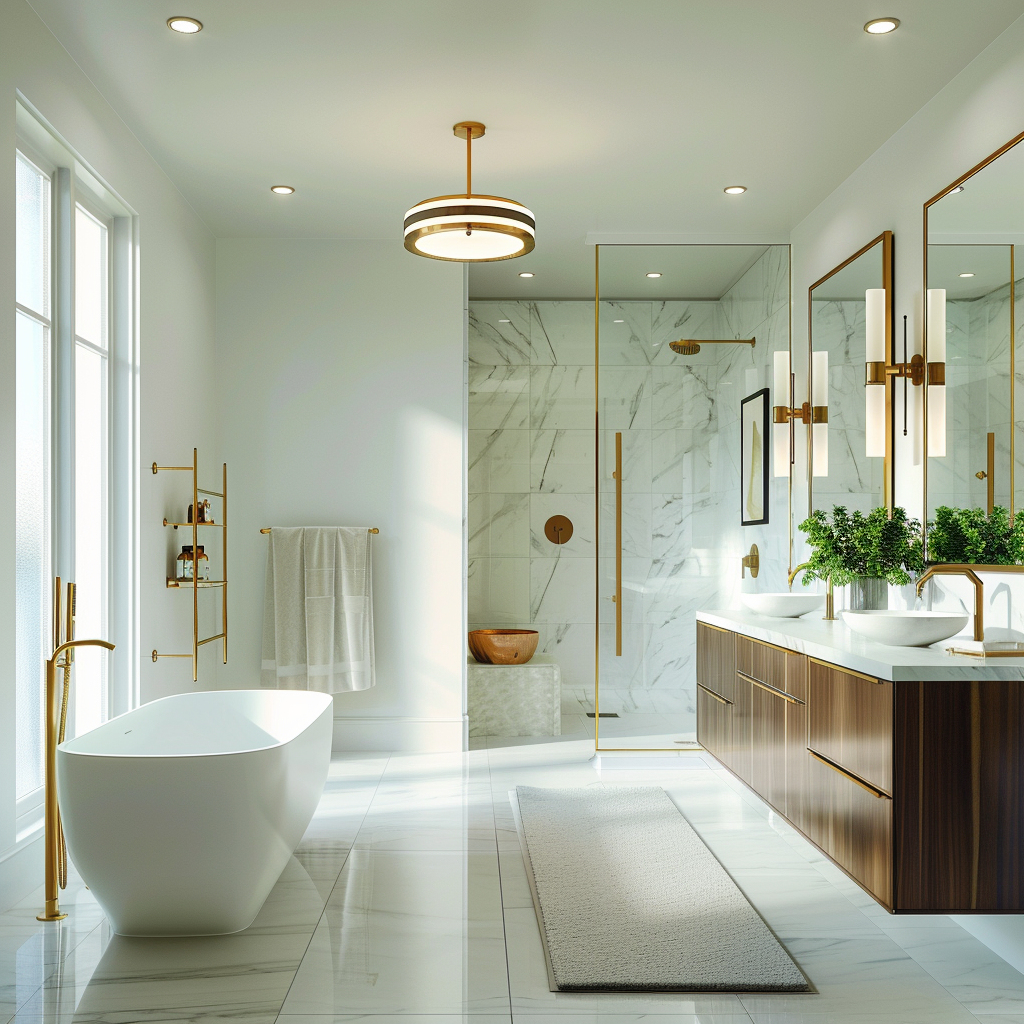 Photorealistic image of a modern, elegant bathroom with a freestanding bathtub under a bay window, wall-mounted vanity, and glass-enclosed shower. The space features white marble walls and floors, brushed gold accents, matte black fixtures, and a green living wall, all illuminated by natural and artificial lighting.