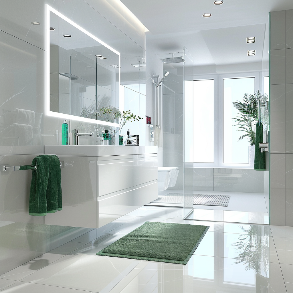 Photorealistic image of an elegant, modern bathroom with a minimalist design, featuring a wall-mounted white vanity, frameless mirror, recessed lighting, walk-in shower, and accents in polished chrome and emerald green tones.