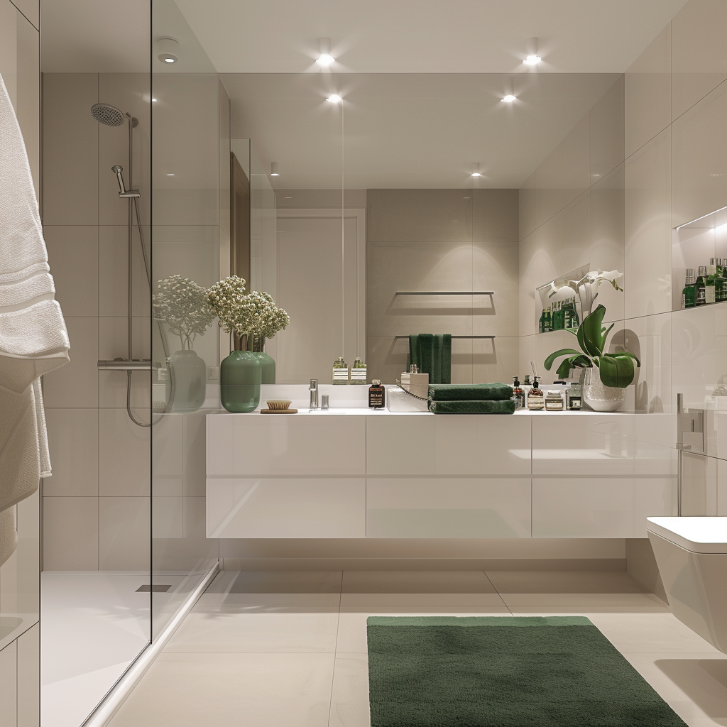 Elegantly designed modern bathroom with soft white and cool gray tones, wall-mounted vanity, frameless mirror, glass-enclosed walk-in shower, and luxurious accessories including emerald green towels and a potted orchid.