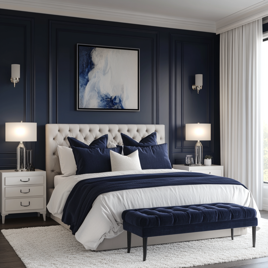 Elegant modern couple's bedroom with navy and dove grey palette, featuring a king-sized bed with an upholstered headboard, white nightstands, and a navy velvet bench. The room has luxurious textures and is illuminated by natural light and matte black wall sconces, with a large abstract painting above the headboard.