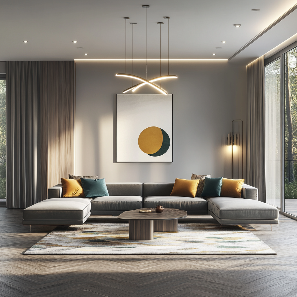 Spacious contemporary living room with modern, elegant decor, featuring a charcoal modular sofa, mid-century armchairs, geometric coffee table, sculptural chandelier, recessed LED lighting, and herringbone wooden floor.