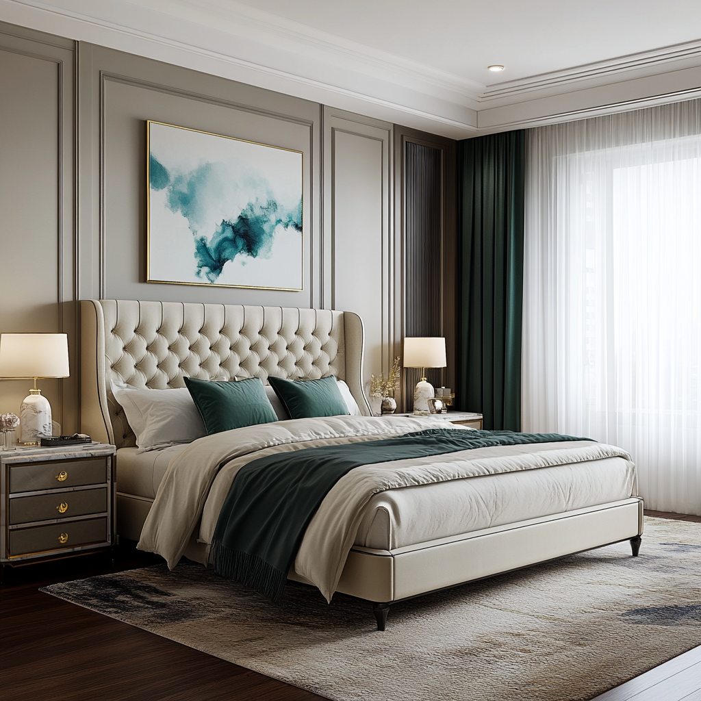 Spacious couple's bedroom combining modern minimalism with traditional touches, featuring a king-sized bed with a tufted headboard, elegant wardrobe, and luxurious textiles in a color palette of neutrals and jewel tones, with natural light streaming through floor-to-ceiling windows.