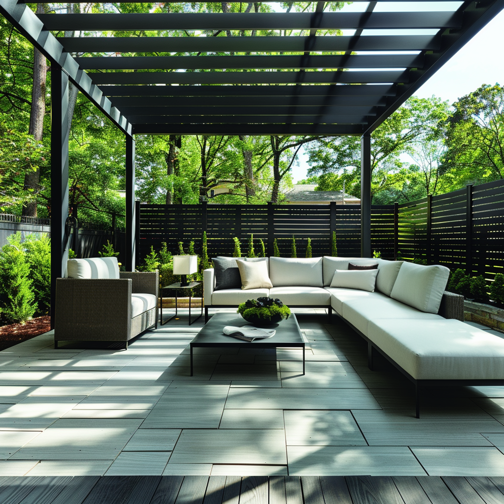 Outdoor living room with sleek fencing, contemporary furniture, and upscale decor in a minimalist style, featuring cool gray and white tones, deep green foliage, and a black pergola with lighting.