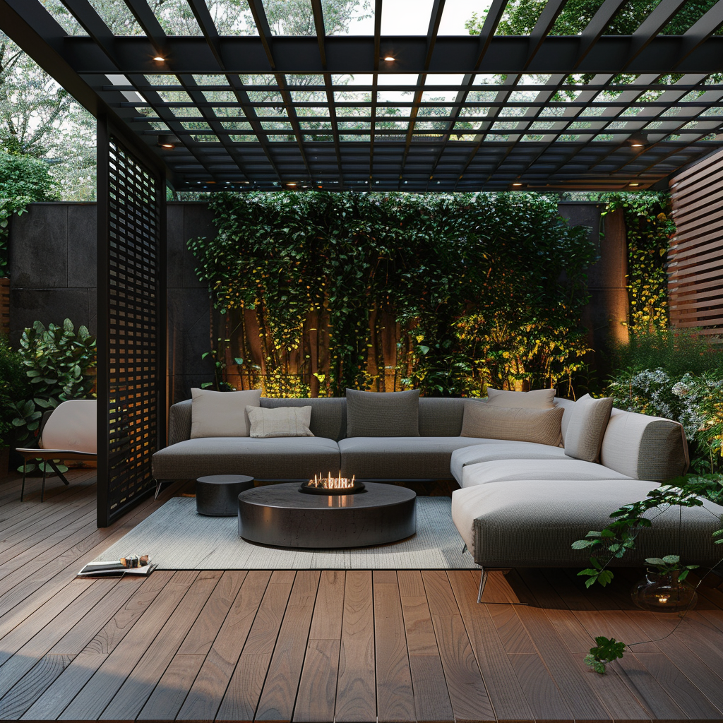 Outdoor living room with sleek black fencing, a slate gray sectional sofa, white armchairs, and a black pergola providing shade. The decor features a neutral palette with green accents, and the scene captures a balance of style and seclusion.