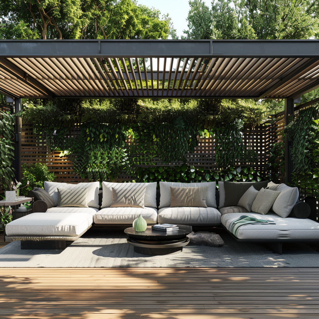 Modern outdoor living room with sleek black fencing, contemporary furniture in neutral tones, and deep green foliage accents, showcasing elegance and privacy.