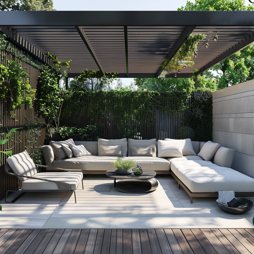 Elegant outdoor living room with sleek fencing, modern furniture, and a black pergola providing shade, captured in 8K resolution.