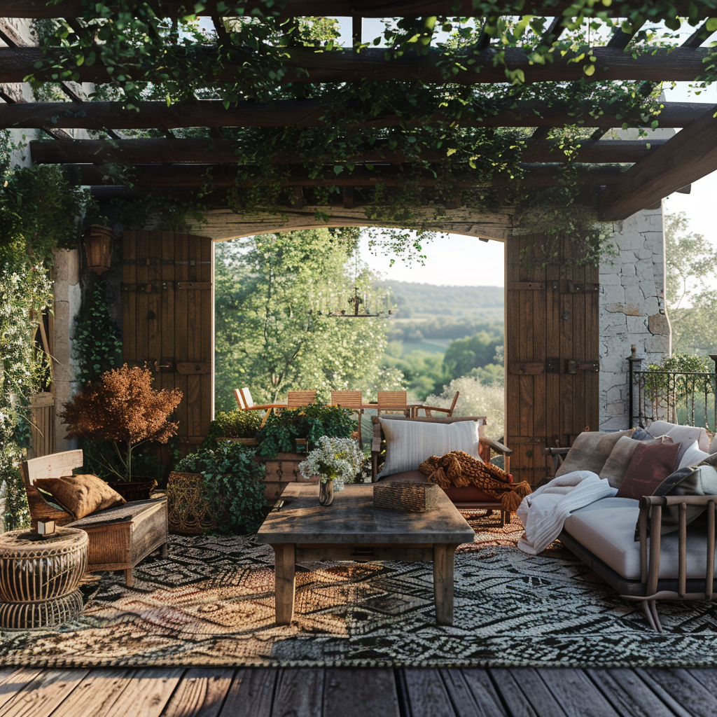 A photorealistic 8K image of an elegant rustic farmhouse outdoor living space. The scene features a reclaimed wood coffee table, distressed leather armchairs, a weathered farmhouse-style sofa, and a hand-woven area rug. Natural sunlight filters through surrounding trees, highlighting the earthy color palette and intricate textures. An upcycled barn door serves as a decorative focal point on the wall.