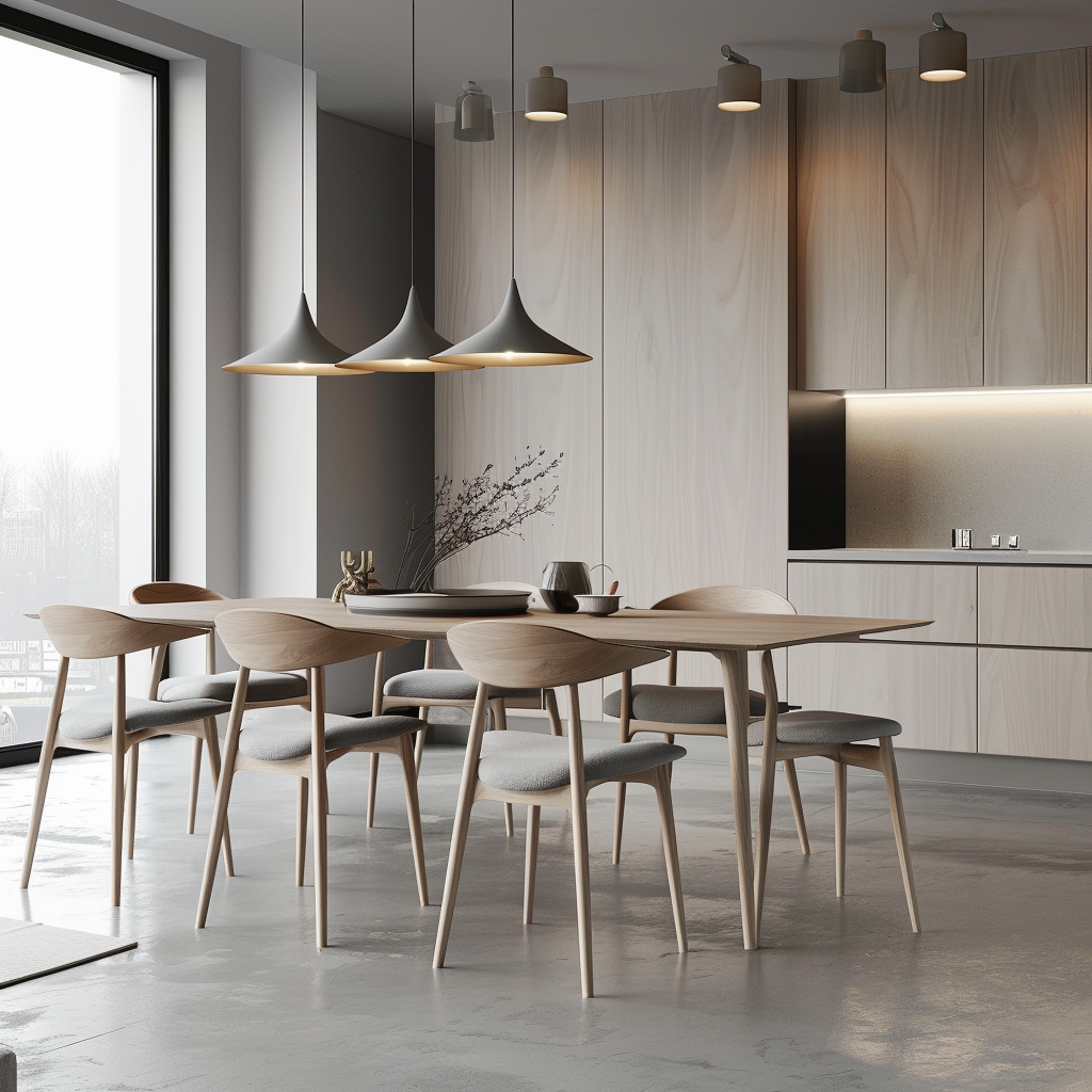 Minimalist Scandinavian kitchen with natural wood accents, featuring sleek light-colored chairs with textured cushions, modern pendant fixtures, and large windows letting in natural light.