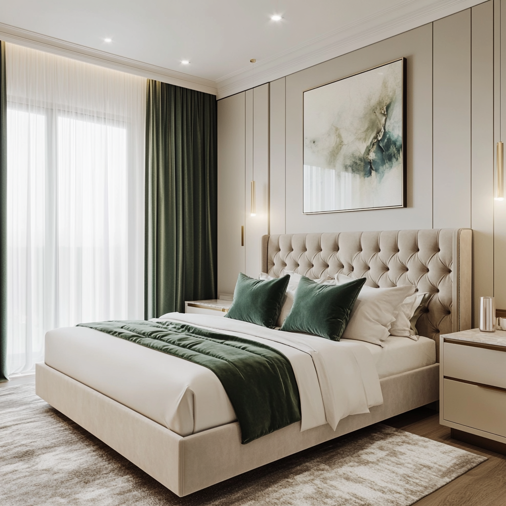 A sophisticated couple's bedroom featuring a blend of modern and classic elements, with a king-sized bed, tufted headboard, sleek nightstands, an elegant wardrobe with gold hardware, a marble-top dresser, and natural light streaming through floor-to-ceiling windows.