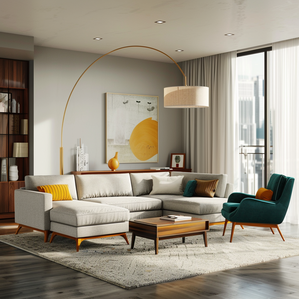 A spacious mid-century modern living room with neutral tones, teal armchairs, a charcoal gray sofa with mustard yellow and teal accents, a walnut coffee table, and an arc floor lamp with a brass finish. Large windows with sheer curtains provide natural light, while abstract art and a plush light gray rug add depth. A built-in walnut shelving unit features mid-century decor items. Shot in 8K with a DSLR, the image captures sharp details and a cohesive design.