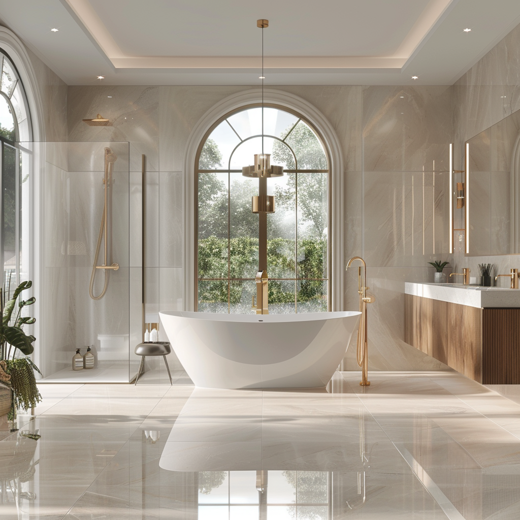 Photorealistic 8K interior image of a lavish, modern minimalist bathroom featuring a sculptural freestanding bathtub under a bay window, a wall-mounted vanity with integrated sinks, a glass-enclosed shower, and a green living wall. The room is adorned with white marble, brushed gold, and matte black fixtures, enhanced by ambient lighting.