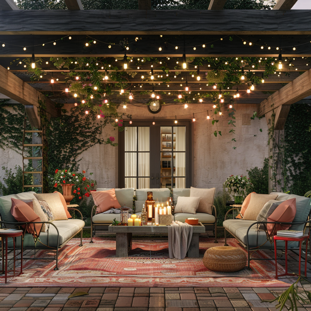 Rustic outdoor living room featuring a reclaimed wood coffee table, vintage wrought iron sofas with ecru cushions, an oriental rug, Edison bulb string lights, candles, a hammered copper fire pit, muslin and burlap drapes, throw pillows, and chunky knit blankets, set against a twilight backdrop.