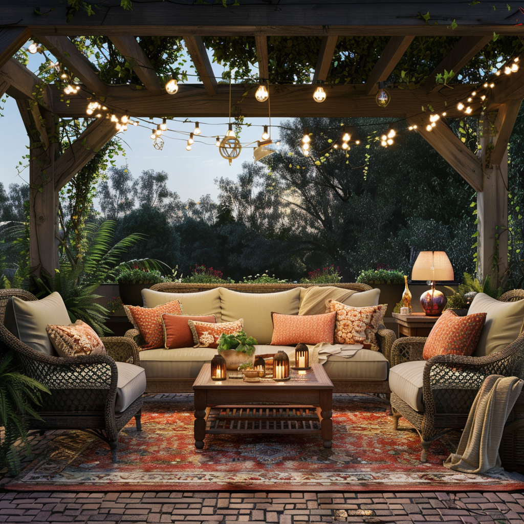 Photorealistic 8K rendering of an outdoor living room with rustic charm, featuring terracotta, sage green, and creamy beige hues. A reclaimed wood coffee table is surrounded by vintage sofas with ecru cushions, an oriental rug, Edison string lights, candles, throw pillows, a copper fire pit, and fluttering drapes.