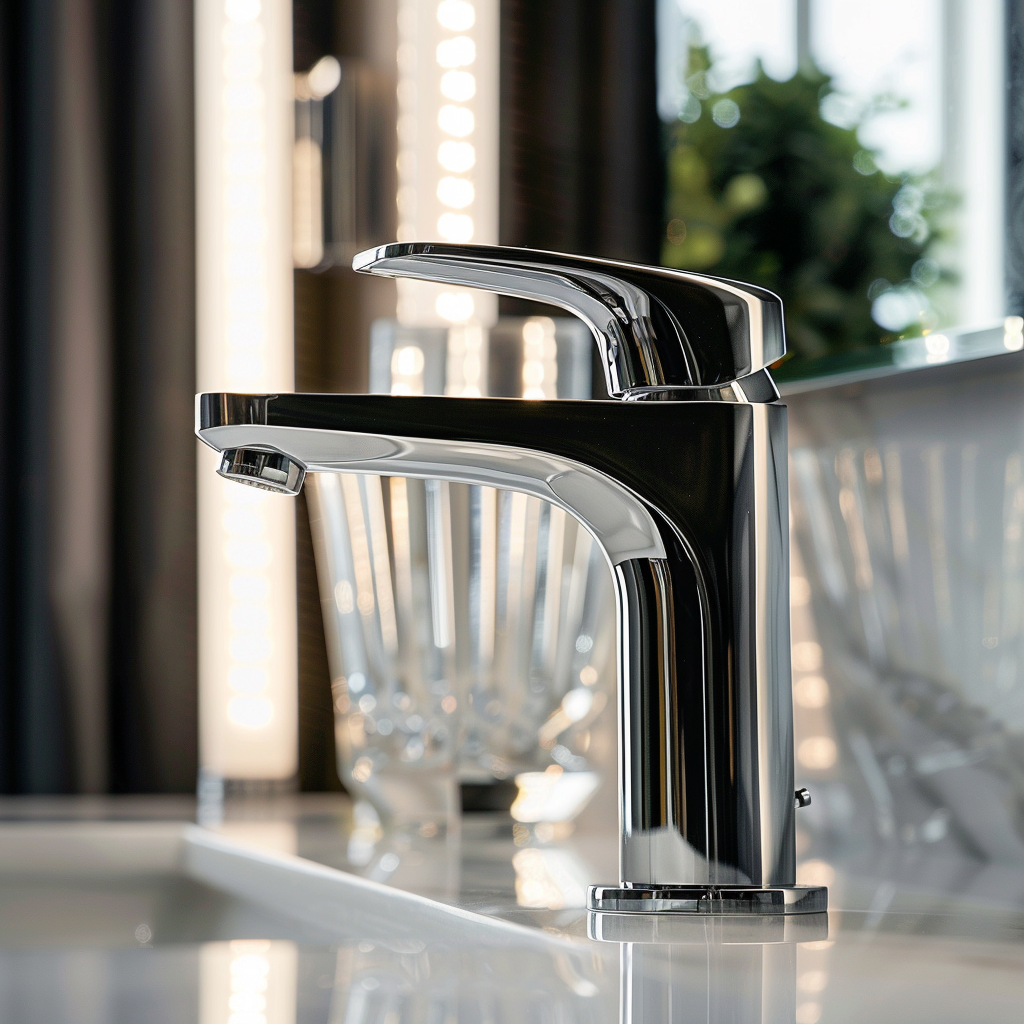 Close-up of a polished chrome designer faucet with sleek lines on a marble vanity top in a luxurious modern bathroom, featuring blurred background elements like crystal sconces and greenery for a sophisticated touch.