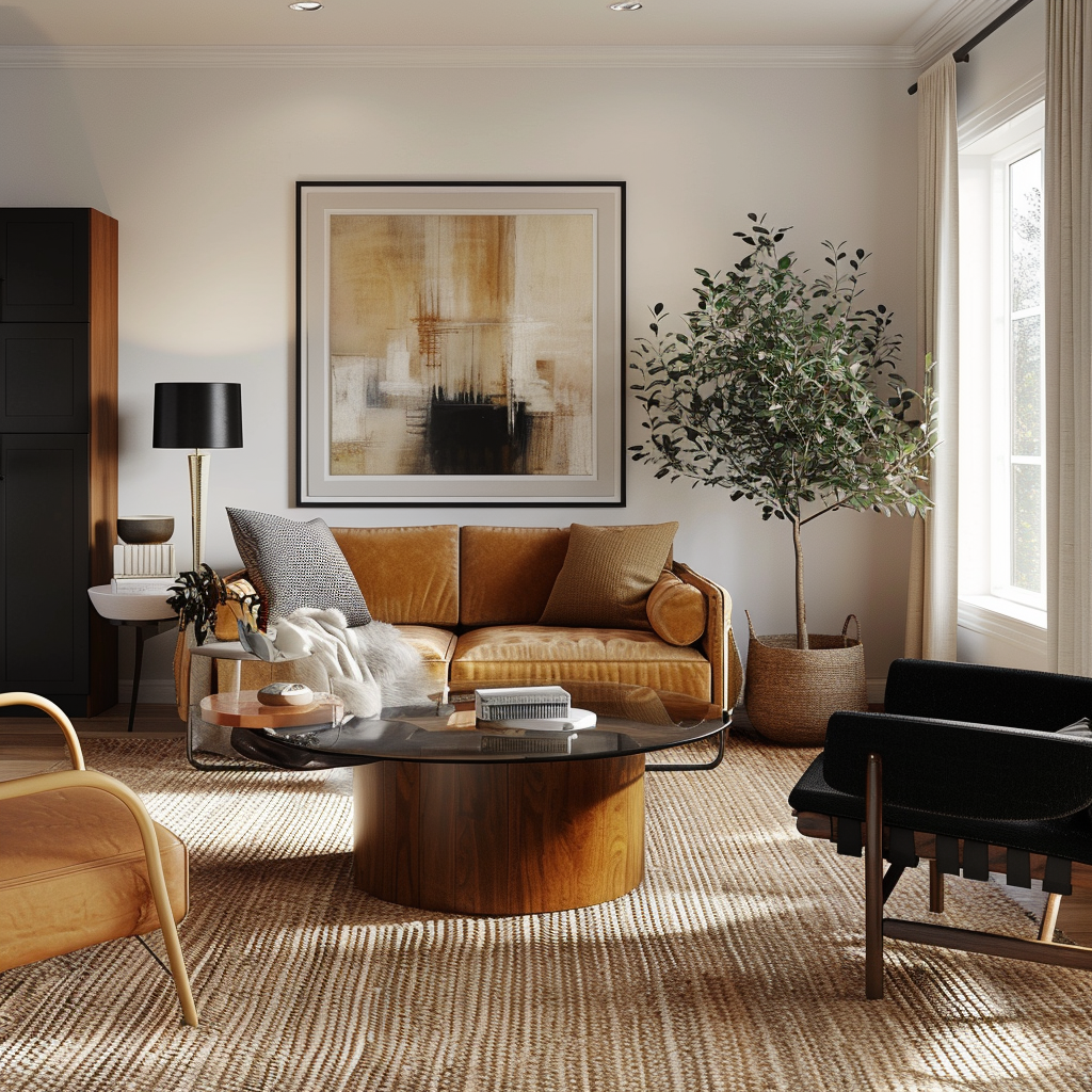 A mid-century modern living room showcasing a harmonious color palette, iconic furniture pieces, and elegant textures and materials. The space is well-lit, highlighting unique features and focal points that define the room's character.