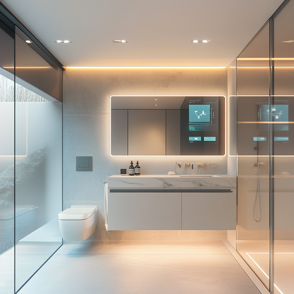 Highly detailed, photorealistic image of a sleek, modern bathroom with a futuristic smart mirror above a floating white vanity, featuring a minimalist design in cool grays and whites accented by black and chrome.