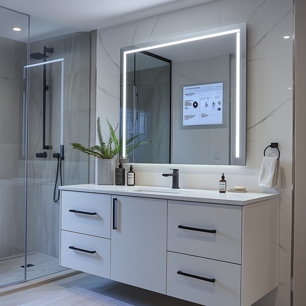 A photorealistic, modern minimalist bathroom featuring a futuristic smart mirror above a floating white vanity, illuminated by natural light and recessed ceiling LEDs. The space also includes a frameless glass shower enclosure and polished concrete floors, creating a high-tech, luxurious atmosphere.