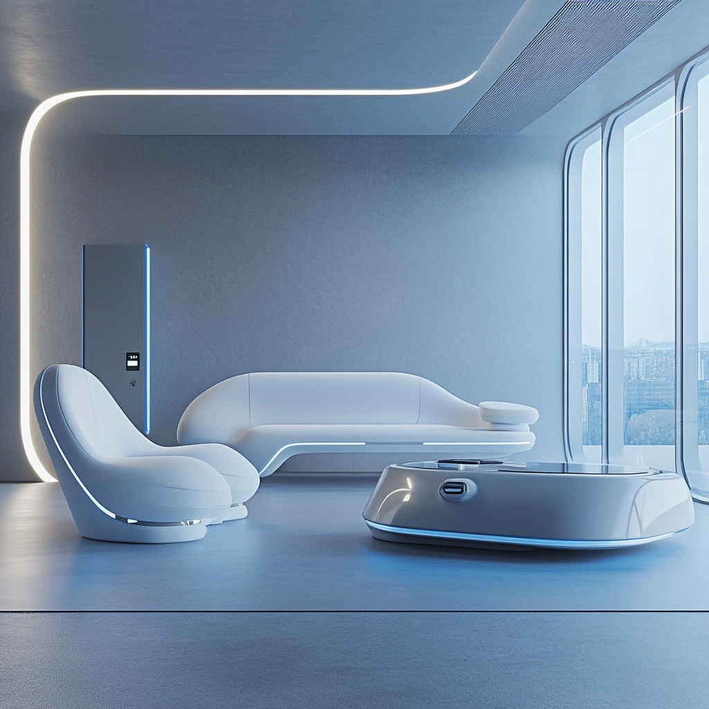 Photorealistic image of a sleek and sophisticated ultra-modern living room with futuristic furniture, including a modular sofa, floating coffee table, and ergonomic art-like chairs. Monochromatic color palette with cool grays, electric blues, and silvers. Natural light from large windows and hidden LED strips illuminate the space. Captured in 8K resolution.