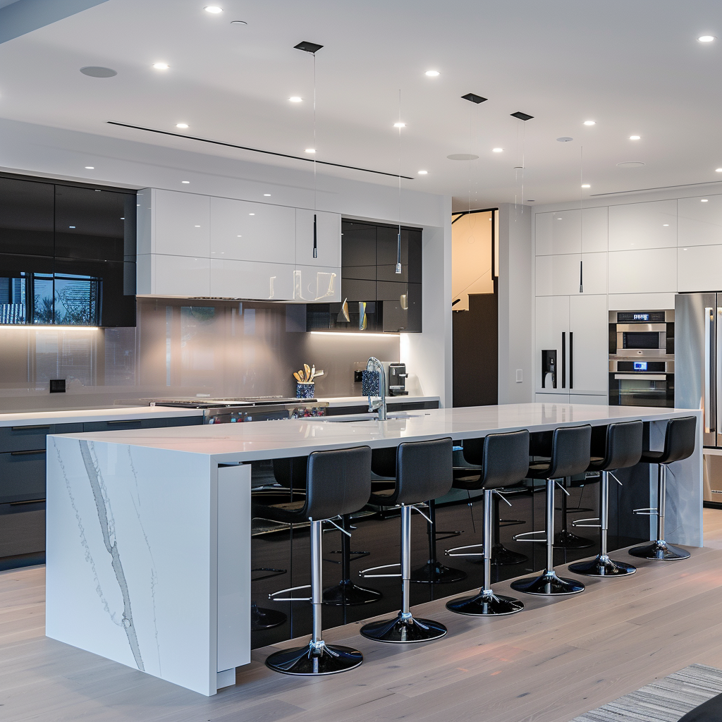 High-end smart kitchen featuring modern design, handleless cabinetry, induction cooktop, smart home hub, and advanced technology in 8K resolution.