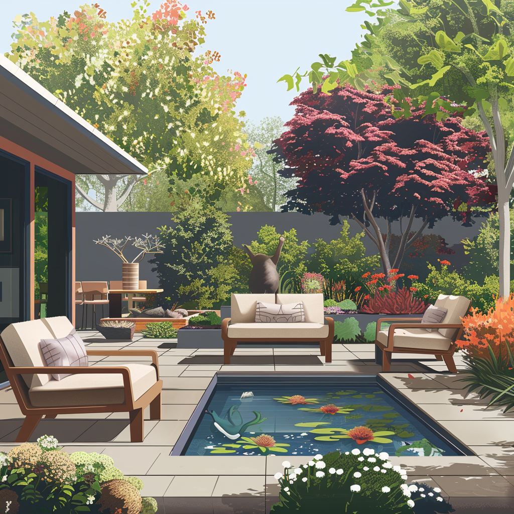 Illustration of diverse garden layouts with modern, traditional, and minimalist designs, featuring integrated outdoor furniture and flora, rendered in high-quality 8K resolution.