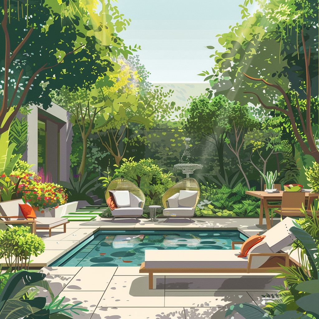 Illustrations of diverse garden layouts in 8K resolution, showcasing modern, traditional, and minimalist styles with natural lighting, featuring outdoor furniture, flora, and unique elements like sculptures, water fountains, and fire features.