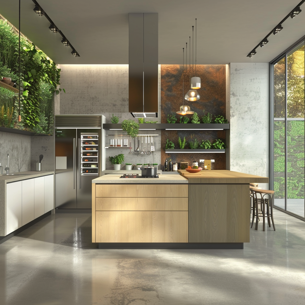 High-tech eco-friendly kitchen with minimalist bamboo cabinetry, reclaimed wood island, stainless steel smart appliances, LED lighting, smart glass windows, and a vertical herb garden.