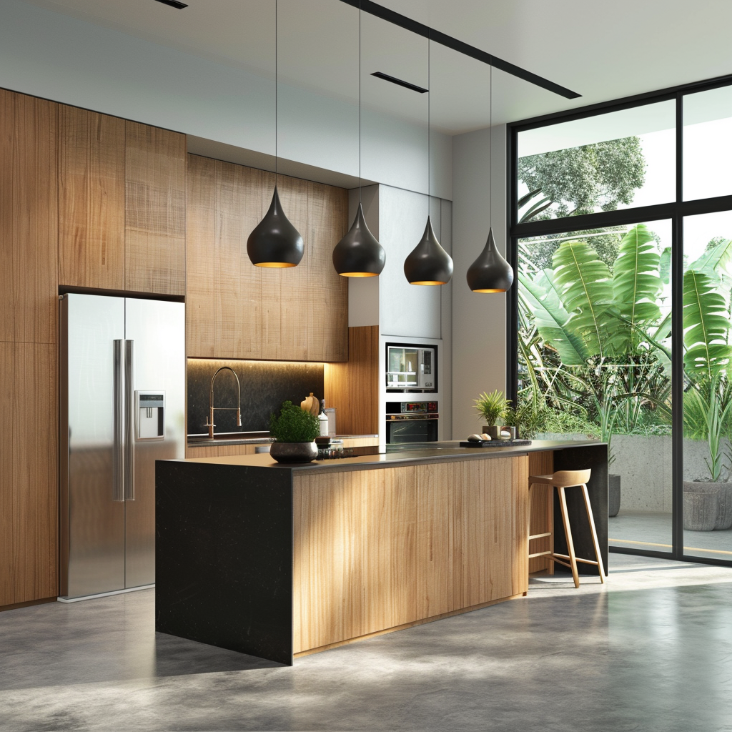 A contemporary eco-friendly kitchen featuring minimalist bamboo and recycled cabinetry, a reclaimed wood island, LED lighting, smart appliances, large windows with smart glass, polished concrete flooring with terrazzo finish, and a vertical herb garden. Photographed in 8K resolution for realistic details.