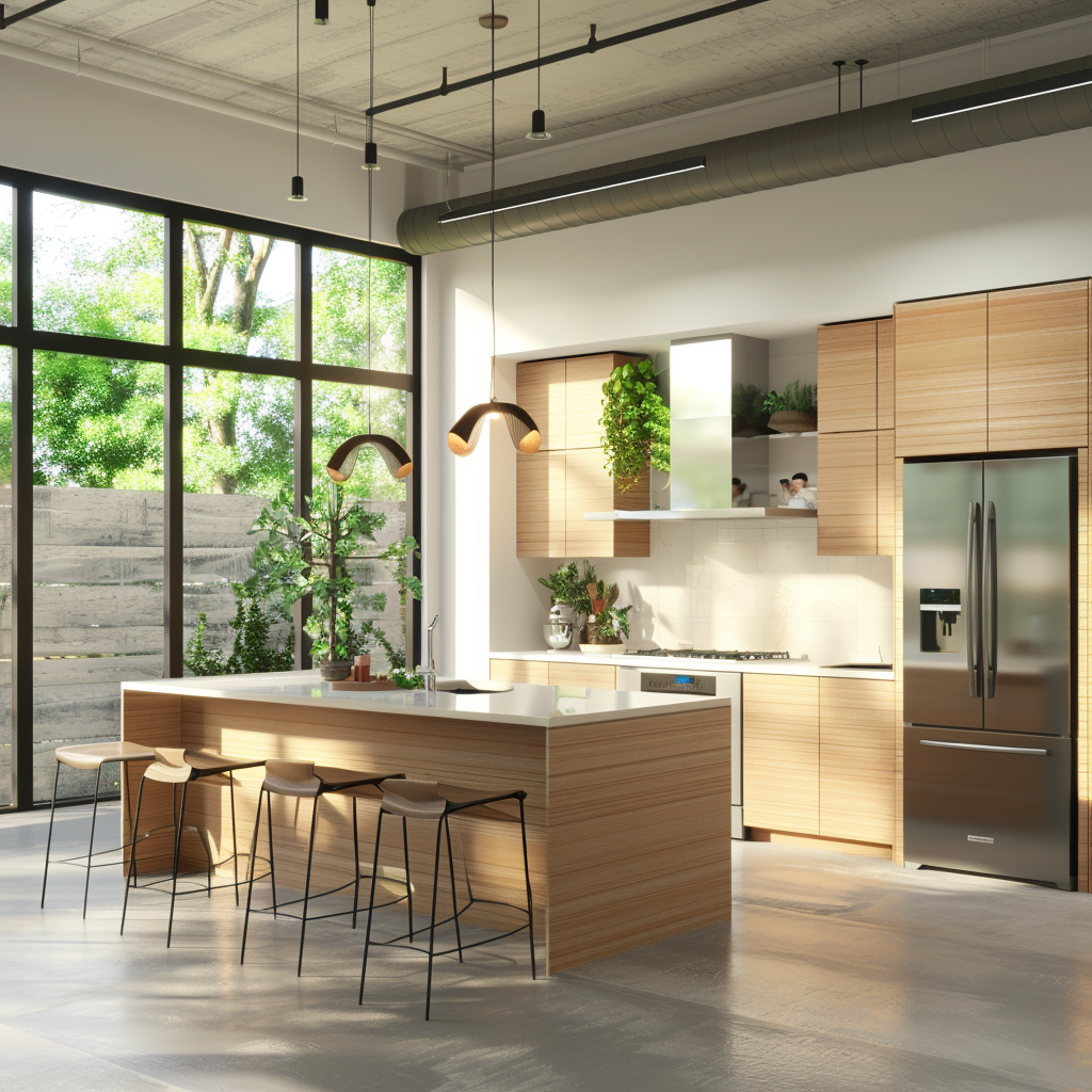 A sleek, eco-friendly kitchen showcasing modern aesthetics with bamboo cabinetry, a reclaimed wood island, stainless steel smart appliances, pendant LED lighting, and a vertical herb garden on one wall. The room is bathed in natural light through large windows with smart glass technology, featuring polished concrete flooring with a recycled glass finish.