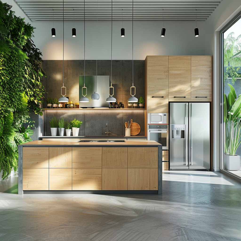 High-tech eco-friendly kitchen with modern design, featuring bamboo cabinets, reclaimed wood island, stainless steel smart appliances, vertical herb garden, and energy-efficient lighting.