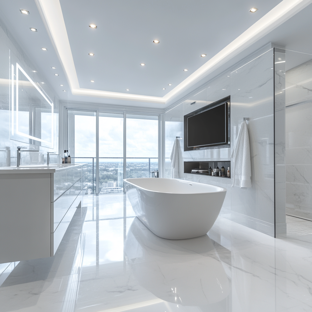 A luxurious, modern minimalistic bathroom featuring a floating white vanity, a freestanding sculptural tub, and a walk-in shower with a frameless glass enclosure. The bathroom has a monochromatic color scheme of cool grays and whites with accents of matte black and chrome. Natural light streams from a large frosted window, enhanced by recessed LED ceiling lights and wall-mounted sconces. The room includes honed marble floor tiles, smooth quartz countertops, and a unique waterproof entertainment system with a recessed television and surround sound speakers.